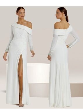 Mac Duggal 12231 Beaded Cuff Drop Shoulder Faux Wrap White Wedding Dress Gown 6